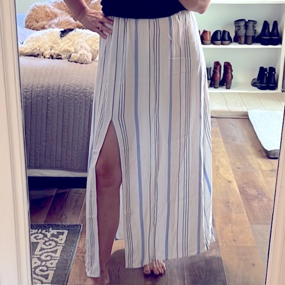 🌸Revolve Clayton Cornflower Blue White Striped Maxi High Split Slit Skirt Small - Picture 2 of 13